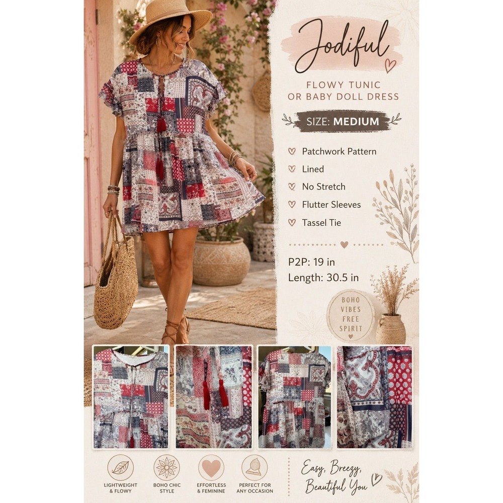 Jodiful Flowy Tunic Or Babydoll Dress Patchwork Style Size Medium Red Cream Blue